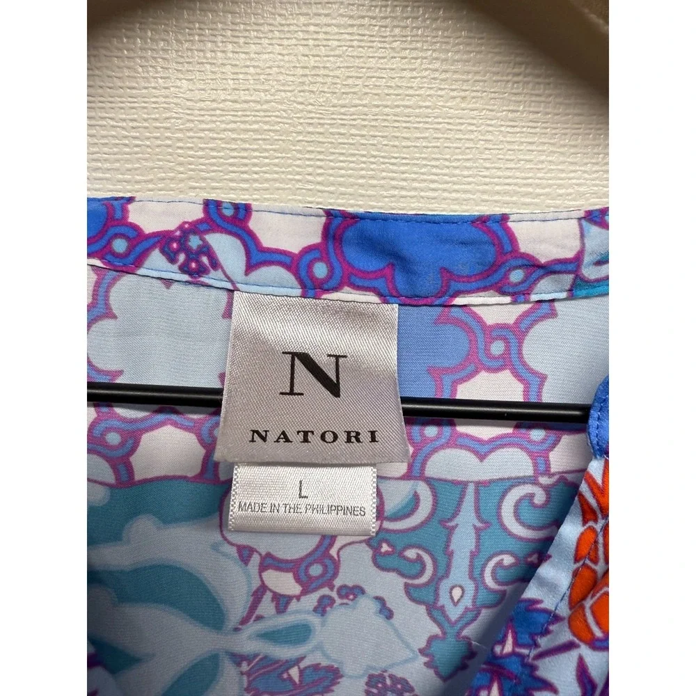 Natori Caftan Dress Women Sz L Artsy Floral Blue Satin Maxi V-Neck Lounge - Picture 3 of 5